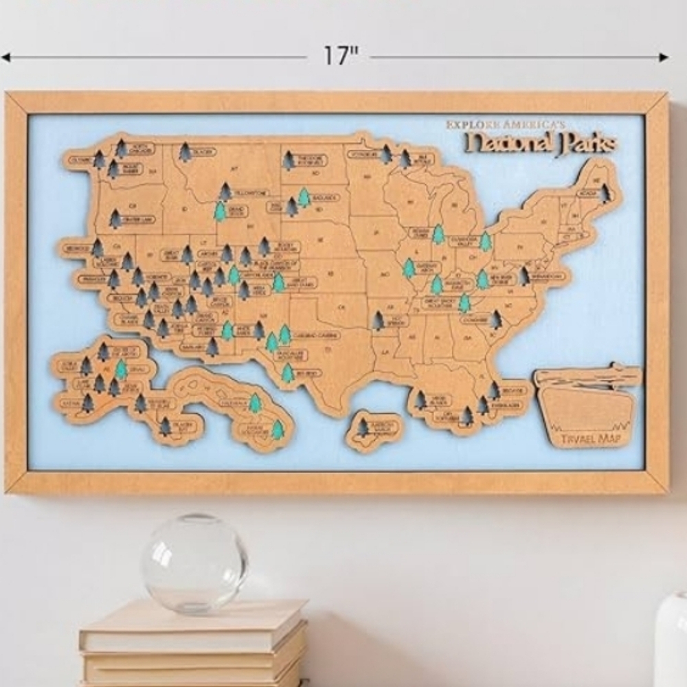 NIB Wooden National Parks Tracker Map Wall Decor Art Travel Gift